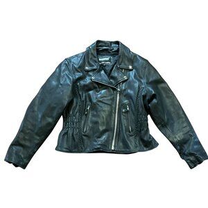 Women's Black Genuine Leather Motorcycle Jacket Size M Biker Zip Terminator